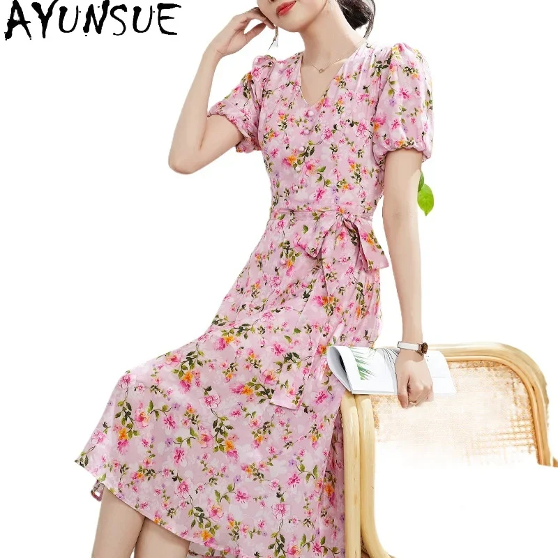 

AYUNSUE 100% Real Mulberry Silk Dress Luxury Long Dresses 2024 Women Summer Elegant Fashion Womans Clothing Vestidos Largos