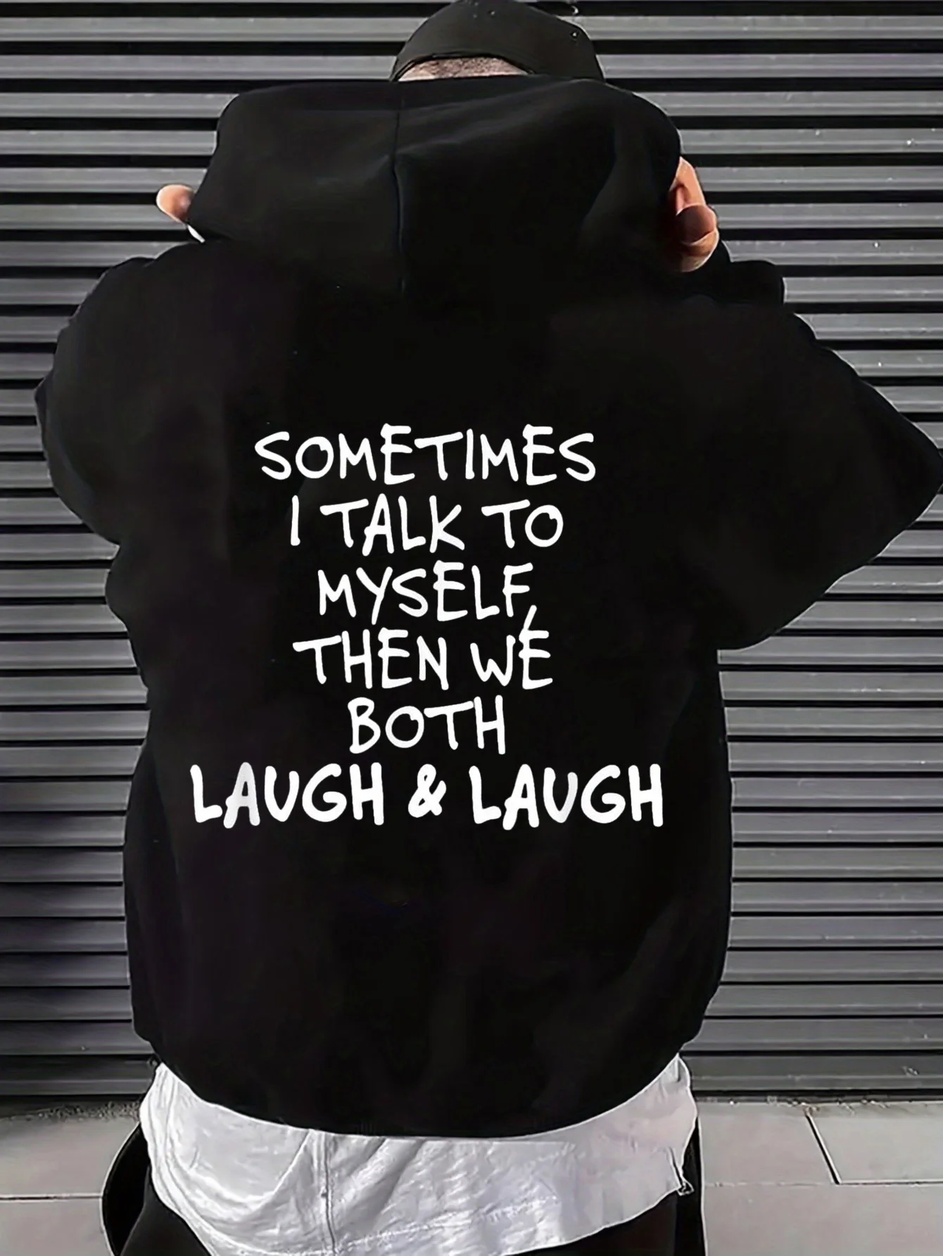 Men's Hooded Sweatshirt with Black Humorous Graphic, Casual Style, Oversized Long-Sleeve Pullover, Casual Wear