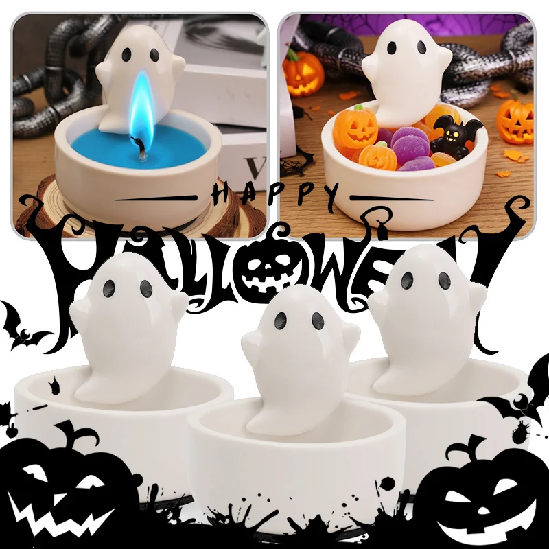 Candelabro de cuenco de dibujos animados, candelabros de cerámica bonitos de fantasma, adornos decorativos de escritorio para el hogar y Halloween, bandeja de almacenamiento de galletas de caramelo