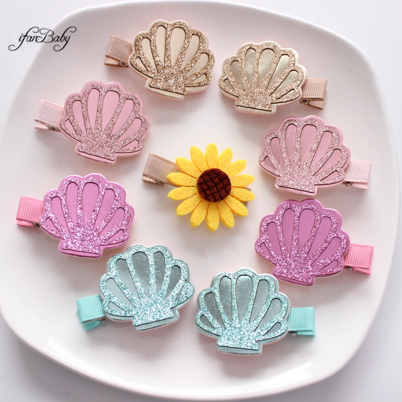 Fashion Girl Headwear PU Glittery Shell Hair Clips For Infants Toddlers Flower Hairgrip