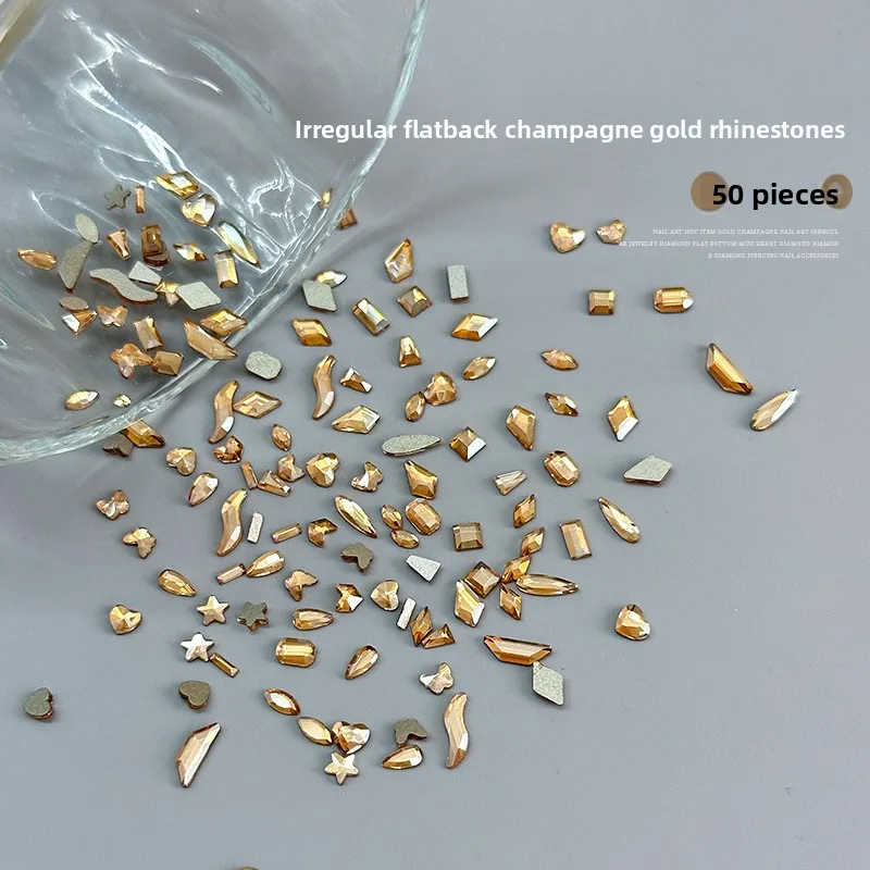 50 Champagne Color Nail Rhinestones Shiny Heart Drop Flat Back Shaped Crystals Nail Art Decor Accessories For DIY Nails