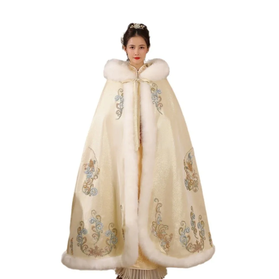 

Mingli Tengda Winter Long Cape Warm Jacket With Plush and Thick Fur Whawl Hanfu Bride's Fur Collar Embroidered Shiny Hooded Cape