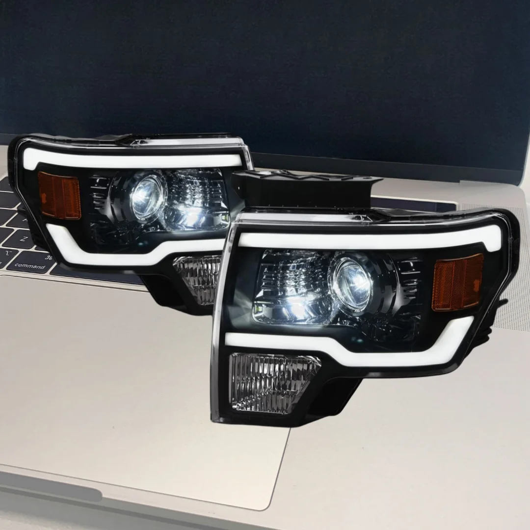 Sulinso 8711118 Full LED Projector Headlights With White LED Light Bar - Black Amber Fits 2009-2014 Ford F150 Halogen Models