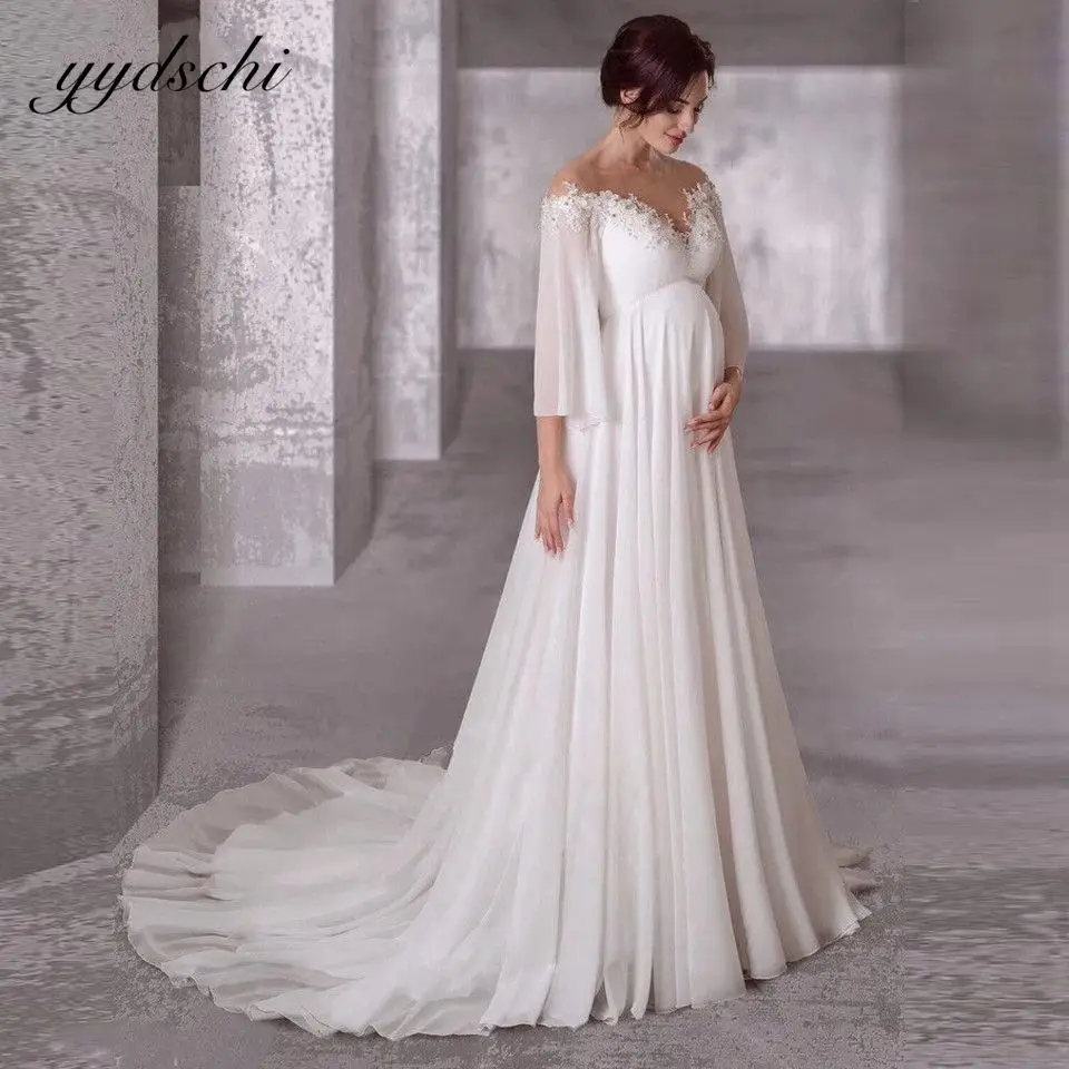 

Elegant Chiffon A-Line Long Sleeves Wedding Dresses Pregnant Bridal Gowns Sweep Train Beading Vestido De Noiva For Women 2022