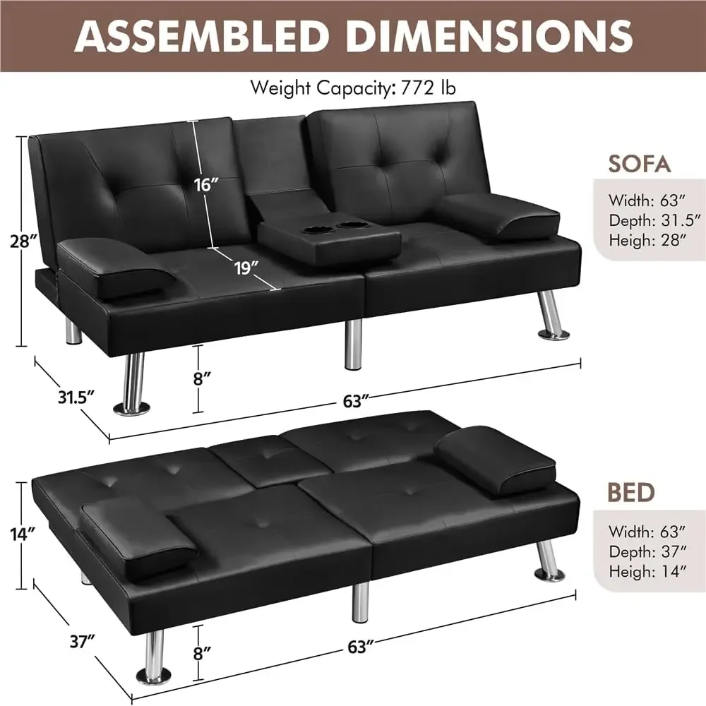 Convertible Sofa Bed Adjustable Couch Sleeper Modern Faux Leather Recliner Reversible Loveseat Folding Daybed Guest Bed, Removab image 4