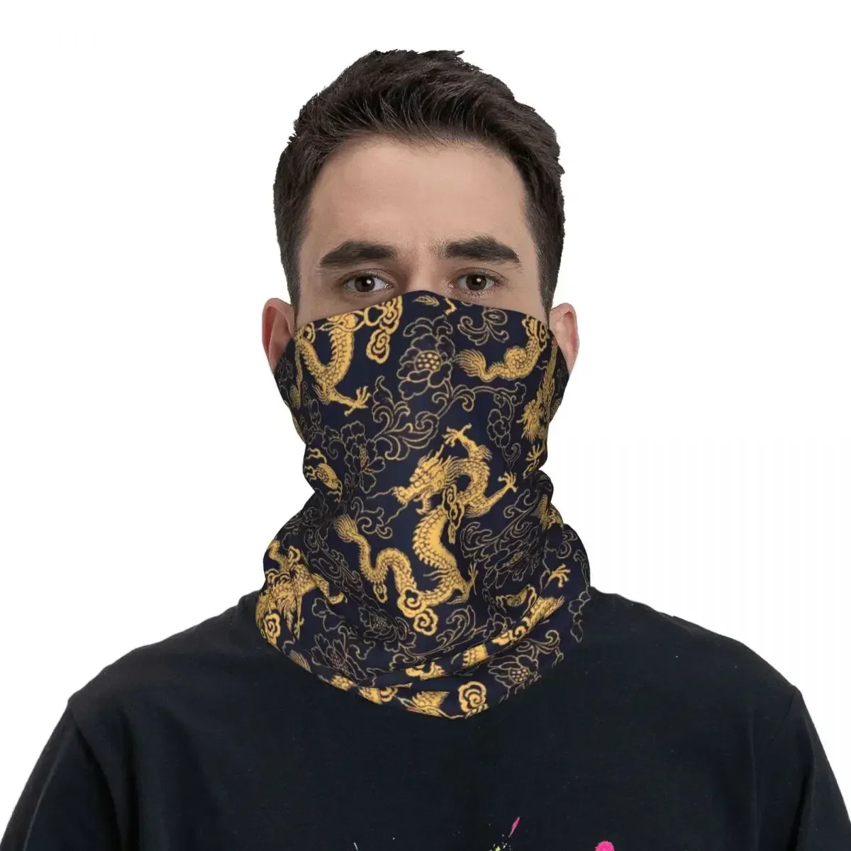 Lenço chinês tradicional do envoltório do dragão dourado, balaclava morna, roupa respirável, polainas do pescoço, bandana para homens e mulheres, roupa running