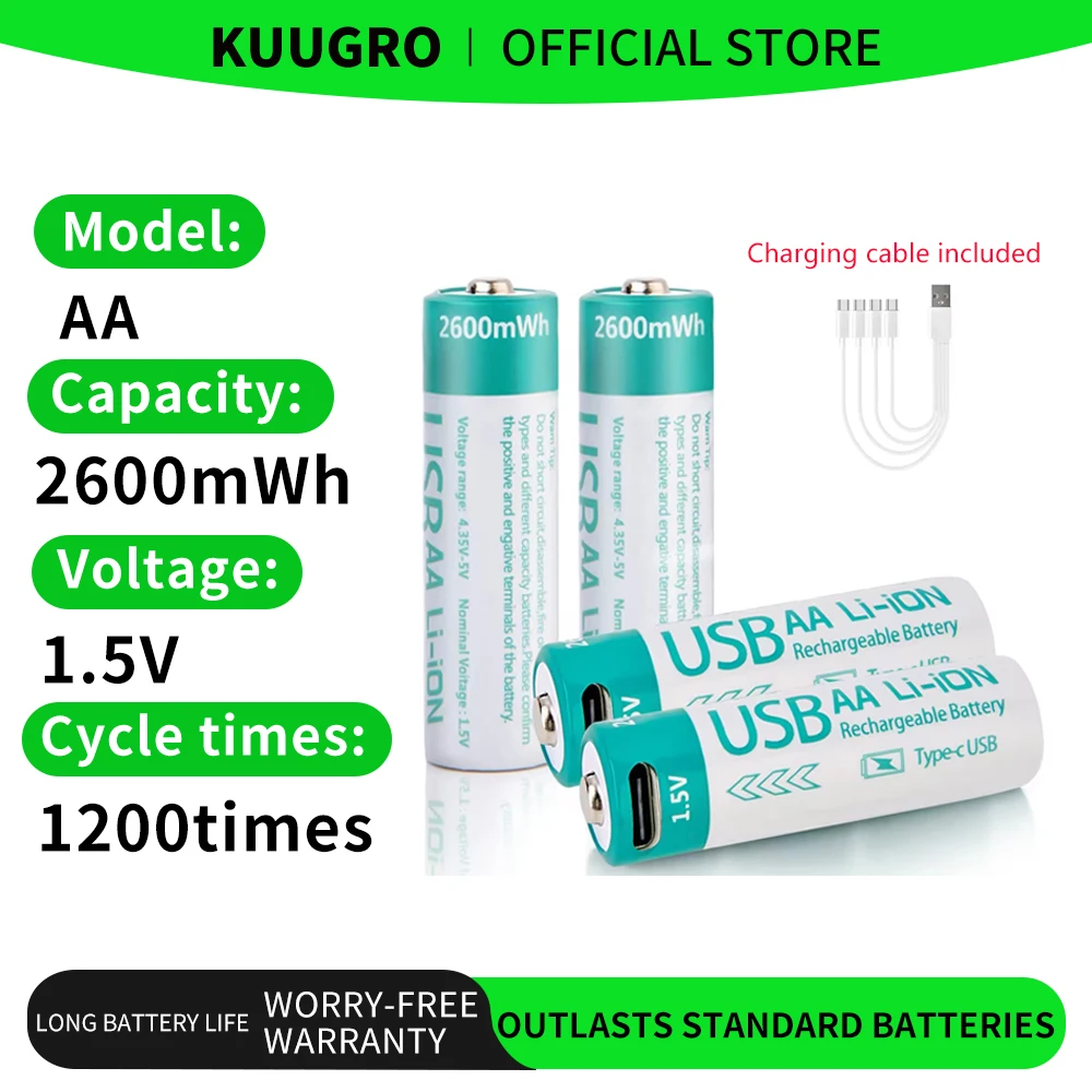 

Kuugro 1.5V 2600mWh AA Rechargeable Battery USB Type-C Rechargeable aa Lithium Battery for Remote Control Electric Toys Mouse