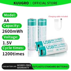 Kuugro 1.5V 2600mWh AA Rechargeable Battery USB Type-C Rechargeable aa Lithium Battery for Remote Control Electric Toys Mouse