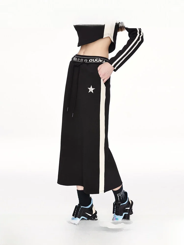 Black Asymmetrical Knitted  Skirt for Women Vintage American Style Long Skirt with Stars Autumn Season A-Line Skirt