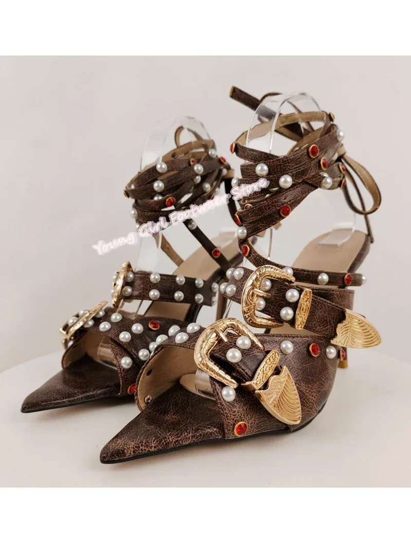 Pointed Pearl Decoration Belt Buckle Summer Women's Sandals Red Gemstone Decoration Stilettos Ankle Strap Design Luxurious Shoe view 4