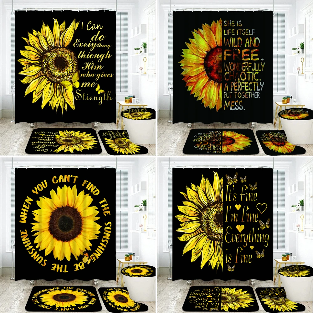 

Yellow Art Sunflower Black Shower Curtains Flowers 3d Print Toilet Cover Bath Mat Non-Slip Rug Set Bathroom Curtain with Hooks