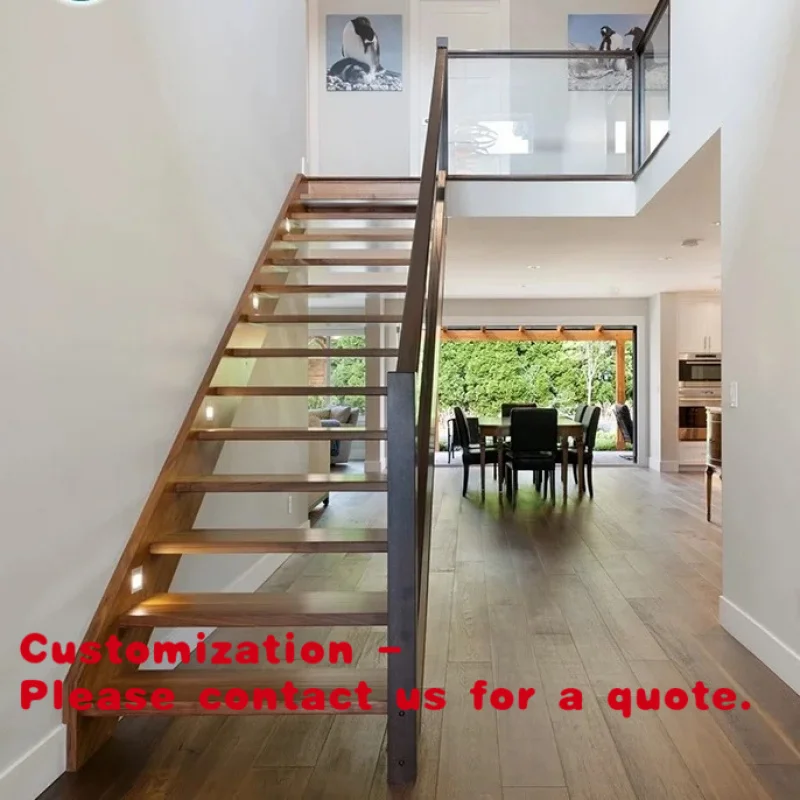 

custom.Modern Design Interior Straight Wooden Steel Floating Stair Tread Steps Tempered Glass Panel Railing Handrail Eco