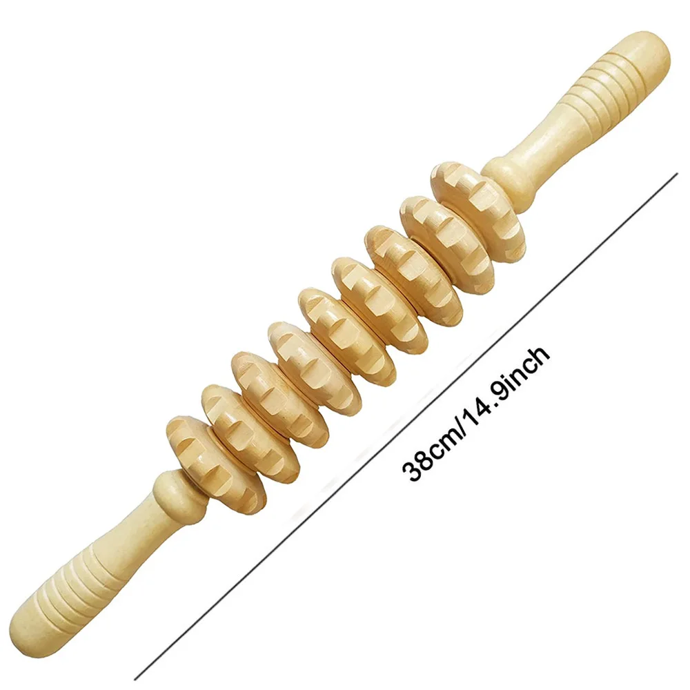 9 Rollers Curved Massager Handheld Stick Wooden Lymphatic Drainage Massage Tools for Anti-cellulit, Body Muscle Pain Relief