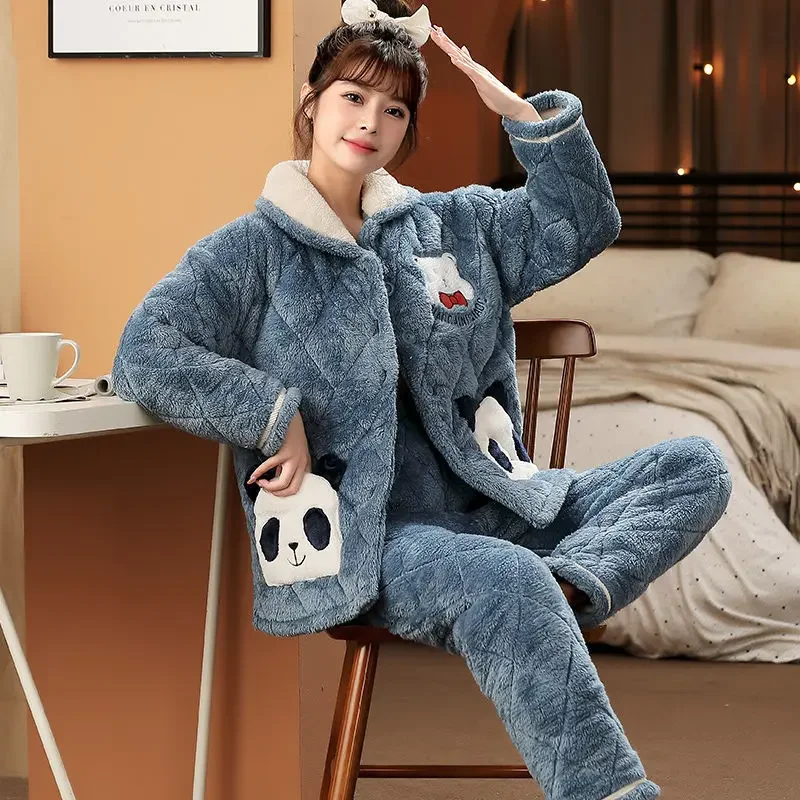 Can Be Worn Outside Sleepwear Coral Velvet Pajama Women's Autumn Winter Three-layer Padded Jacket with Flannel Warm Homewear Set