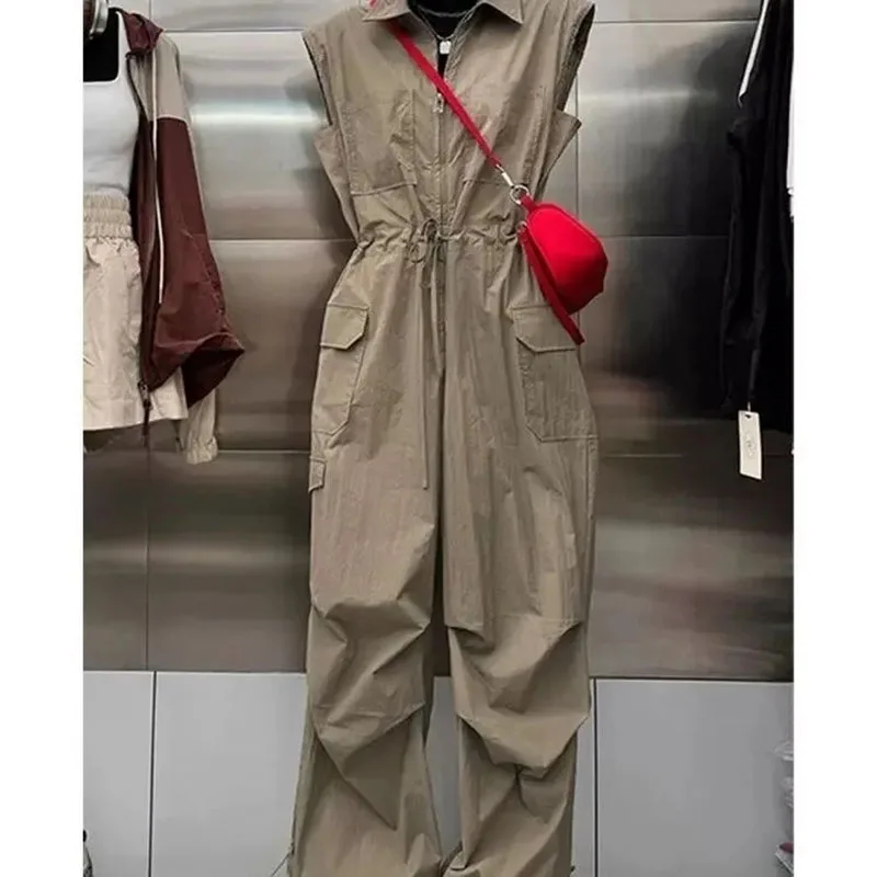 Polo callor solto zíper macacão feminino cintura fina cáqui bolsos workwear casual cintura elástica verão sem mangas