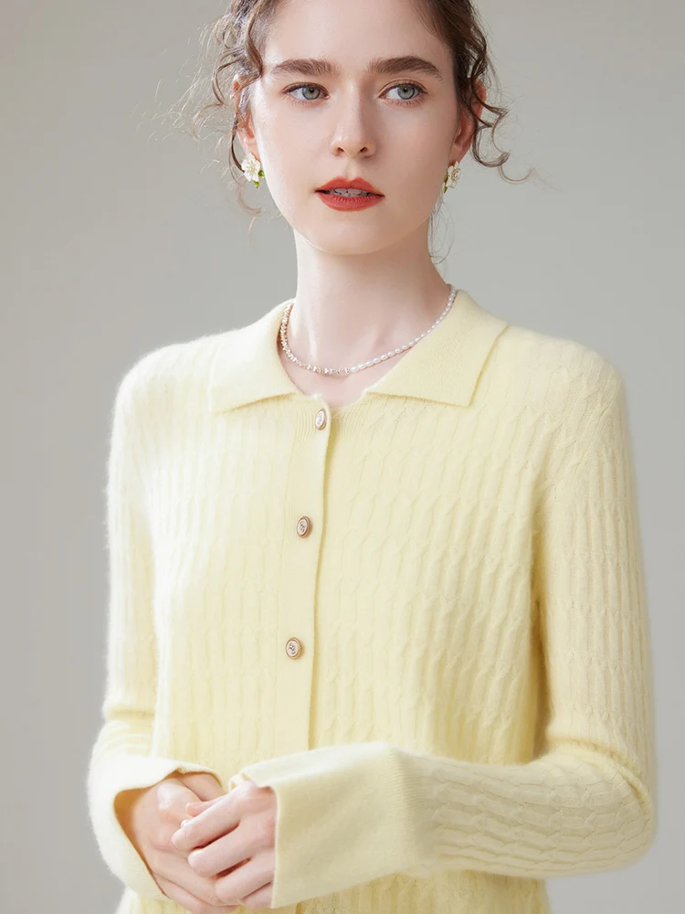 New Knitted Autumn Winter Women Cardigan Pure Cashmere Polo Collar Flare Sleeve Twist Flower Thick Cashmere Sweater Female Cloth