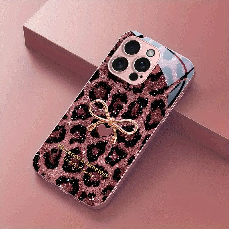 

Pink Leopard Print Bow Pattern Metallic Paint Glass Phone Case For iPhone 17 16 15 14 13 12 11 Pro Max 15 Plus 17 Air 16E Cover