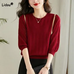 Summer Elegant Simplicity 3/4 Sleeve Hollow Out Tops Women's Clothing Solid Color Round Neck Fashion Knit T-shirt for Female