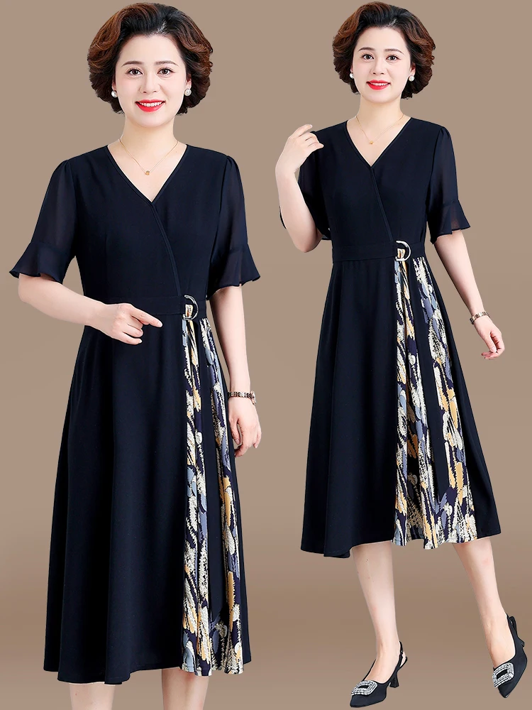 

Faionable Summer Dr for Middle-Aged Women Wide-Sved Chiffon Skirt Ele V-Neline Midi Length Regular Sve