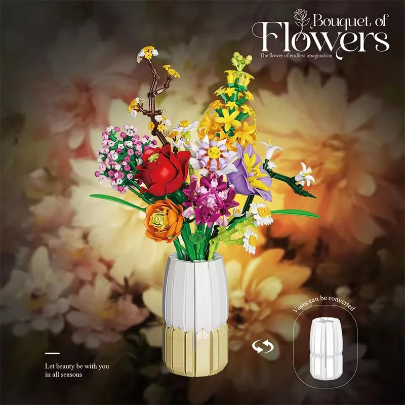 

Набор строительных блоков MOC «Романтический букет» с вазой, DIY-конструктор из роз и маргариток, развивающие игрушки, подарки на день рождения для детей и взрослых