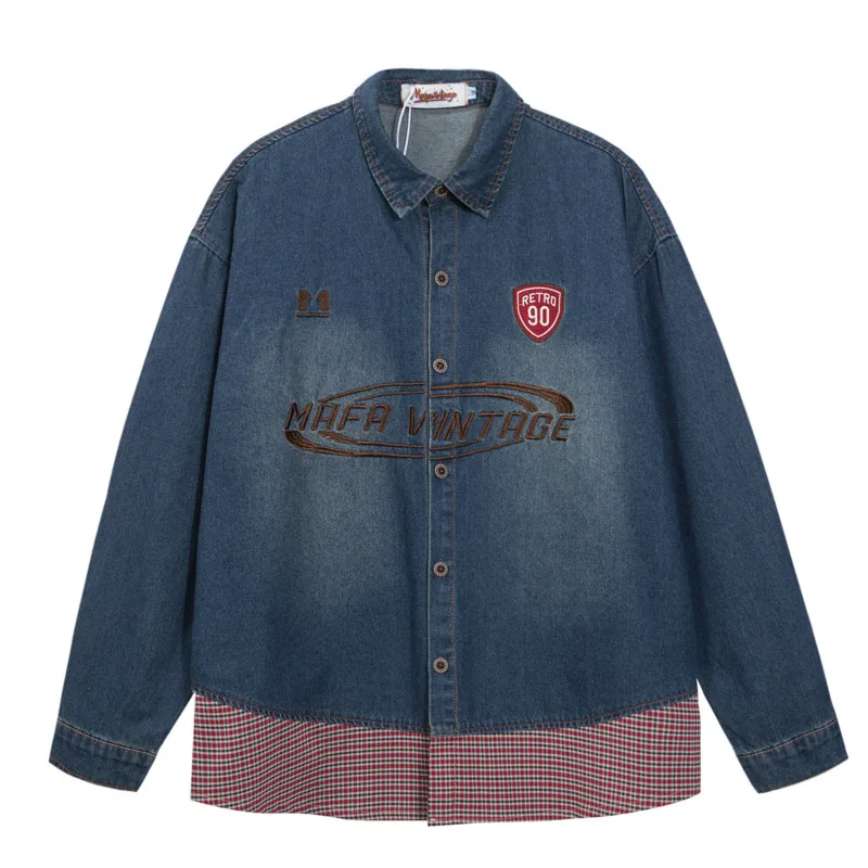 Trendy brand fashion washed letter embroidery splicing fake two piece denim shirt men's loose casual versatile couple shirt