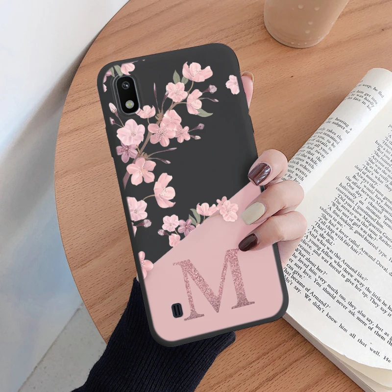 Pink Flower Case For Samsung Galaxy A10 Phone Cover Soft Silicone Initial Letter Fashion Shell Coque For Samsung A 10 Fundas