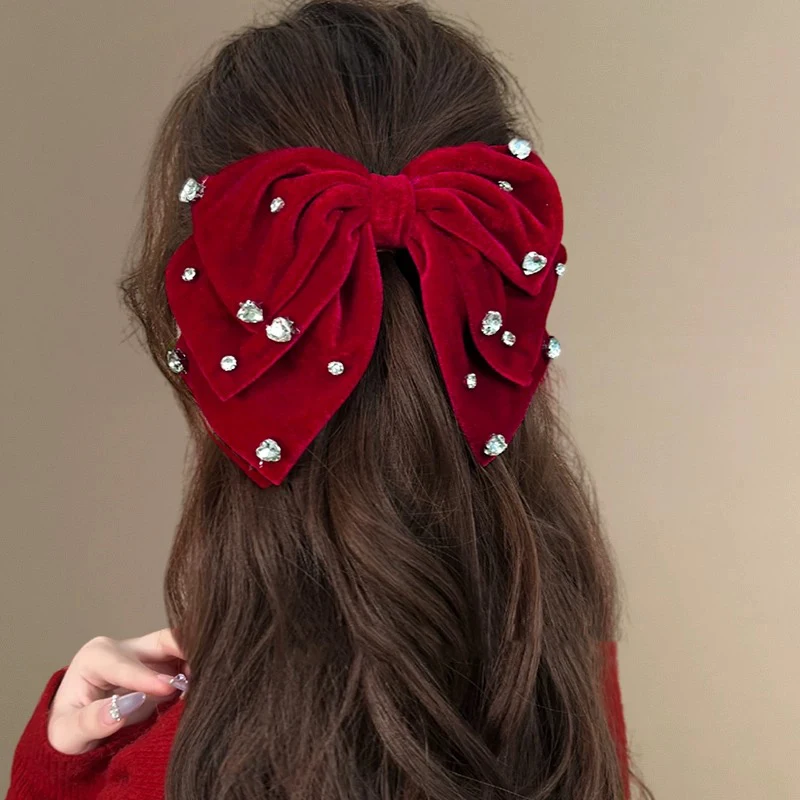 AWAYTR Elegant Velvet Red Preals Hair Clips Bowknow Bridal Hairpin Women Headwear Spring Barrette Hair Accessories