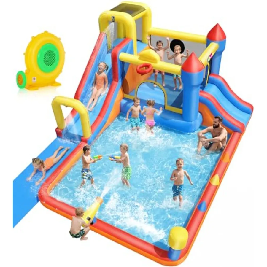 

Backyard water park inflatable slide: PVC blue 18ftx12ft with 9'4x9'3 splash pool long lawn slide sprinkler arch water cannon a