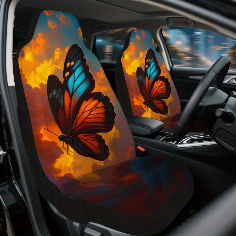2pcs Butterfly Amidst Fiery Clouds Themed Car Seat Cover Set – Universal Fit, Durable High-Quality Car Seat Protectors, Stylish