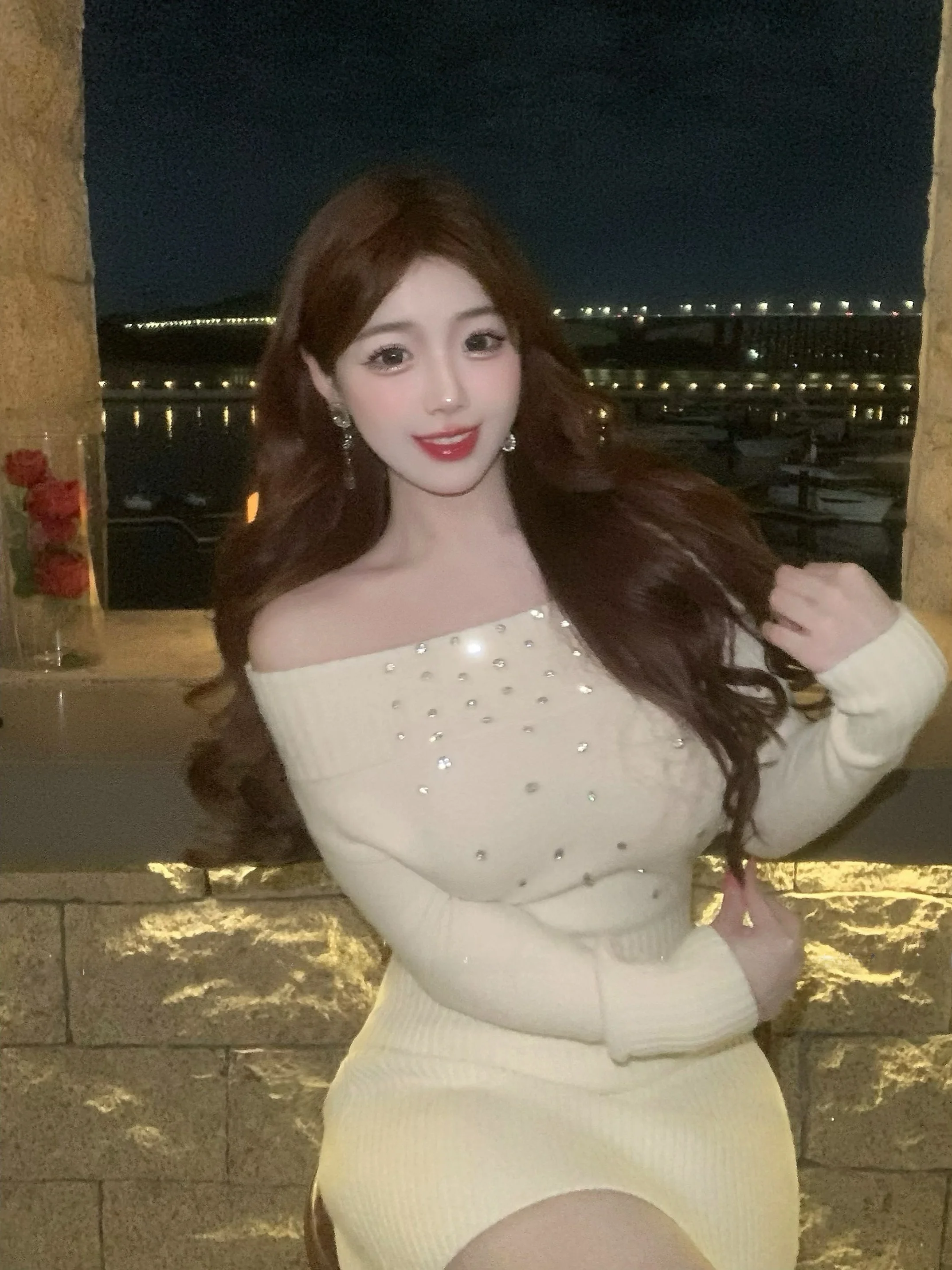 

Charming Hero Moonlight White Tea Thiened Knitted Long Sve Fce Dr Autumn Winter Warm Sli Women's Dr