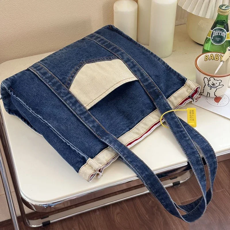 2025 Washed Denim Tote - Patchwork Canvas Bag with Color Blocking, Large Capacity Shoulder & Hand Carry Tote