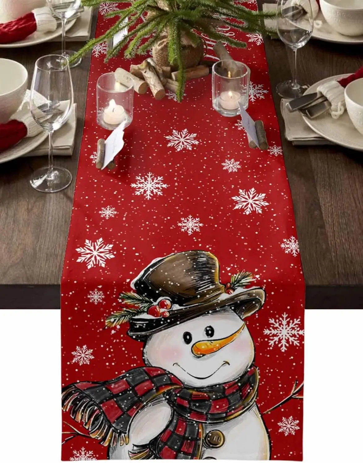 Christmas Snowman Berry Snowflake Linen Table Runner Party Decor Winter Holiday Kitchen Dining Table Runner Christmas Decoration