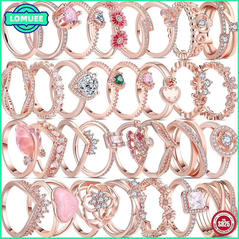 

Real 925 Sterling Silver Pave Rings Daisy Wishbone Heart Sparkling Row Zircon Crown Rose Gold Rings Women Jewelry Gift