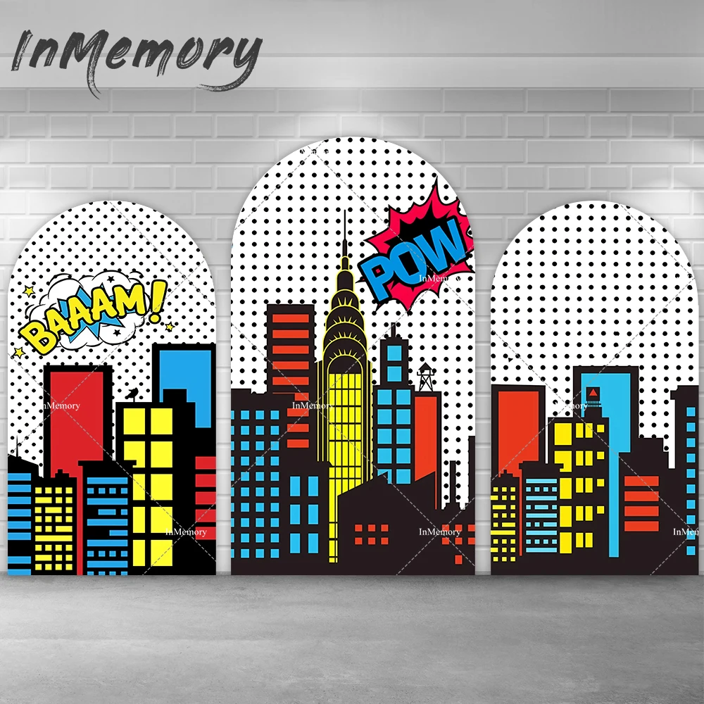 Boys First Birthday Arched Chiara Backdrop Wall Covers Cartoon Super Hero City Building Photo Background Banner