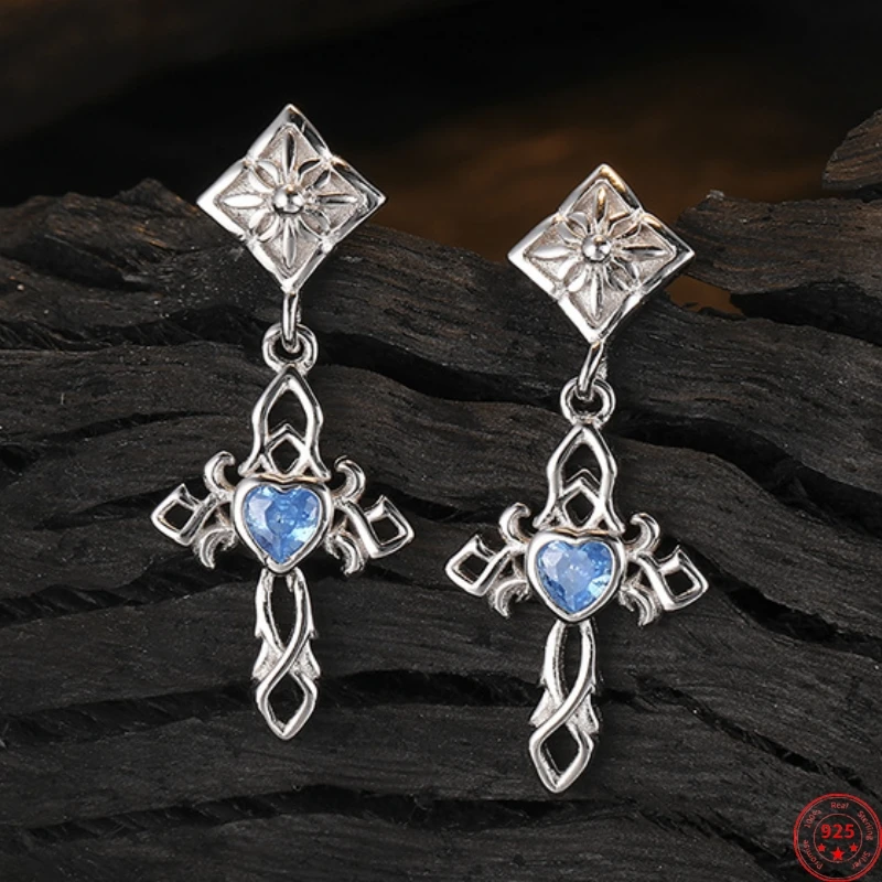 S925 Sterling Silver Earrings for Women New Fashion Hollow Eternal Rattan Cross Inlaid Blue Zircon Ear Studs Christmas Gift