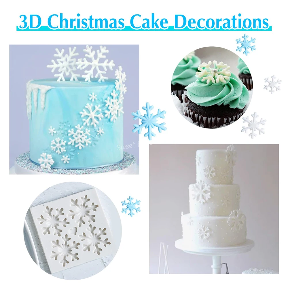 4-Cavity 3D Snowflake Silicone Fondant Mold, Christmas Theme Mould, For Chocolate, Candy, Xmas Cake Decoration Baking Molds