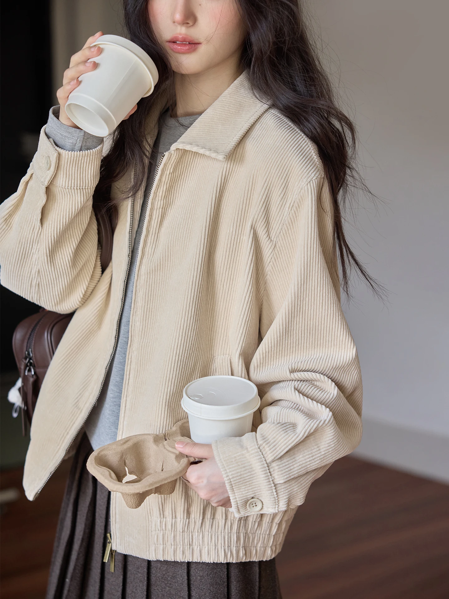 

Warm Corduroy Women's Jaet Loose Fit Double Zipper Turn-down Collar Casual Sle Faionable Outerwear for Winter