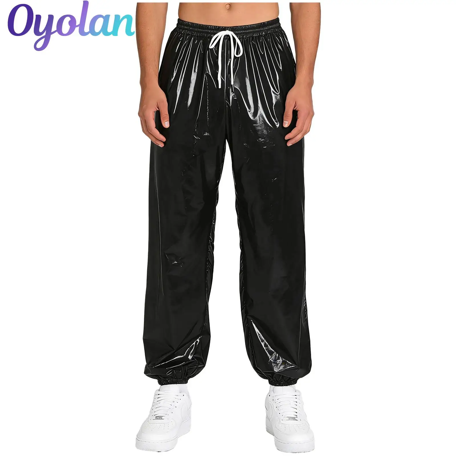 

Mens Shiny Pants Streetwear Hip Hop Loose Trousers Elastic Waistband Side Pockets Track Y2K Drawstring Baggy Glossy Pants