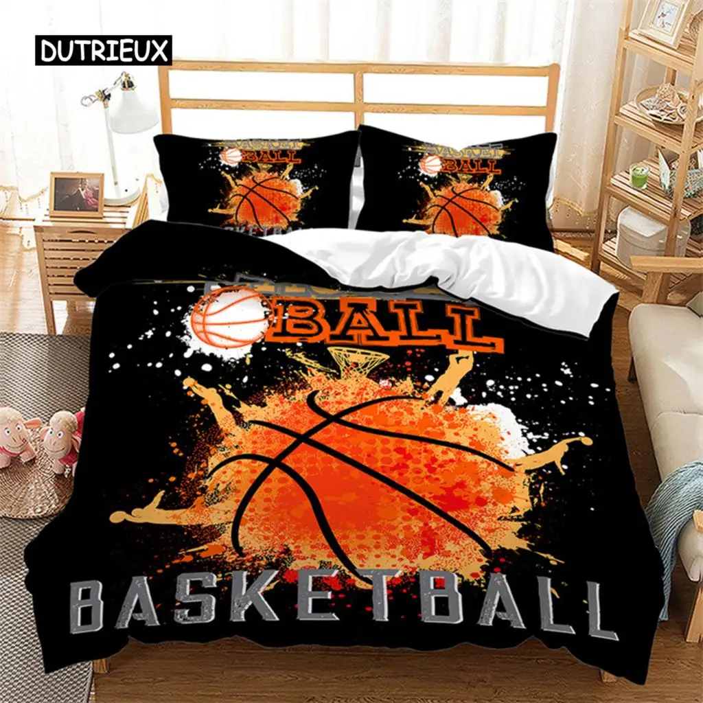 

Boys Basketball Duvet Cover 3D Ball Pattern Sports Theme Bedding Set Queen Microfiber Football Competitive Game Comforter Cover