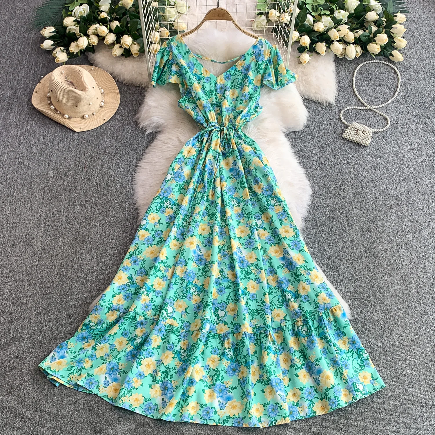 2025 Holiday Bohemian Floral Print Dress Women Summer Short Sleeve V-Neck Drawstring Waist Ruffle Long Dress Boho Beach Vestidos