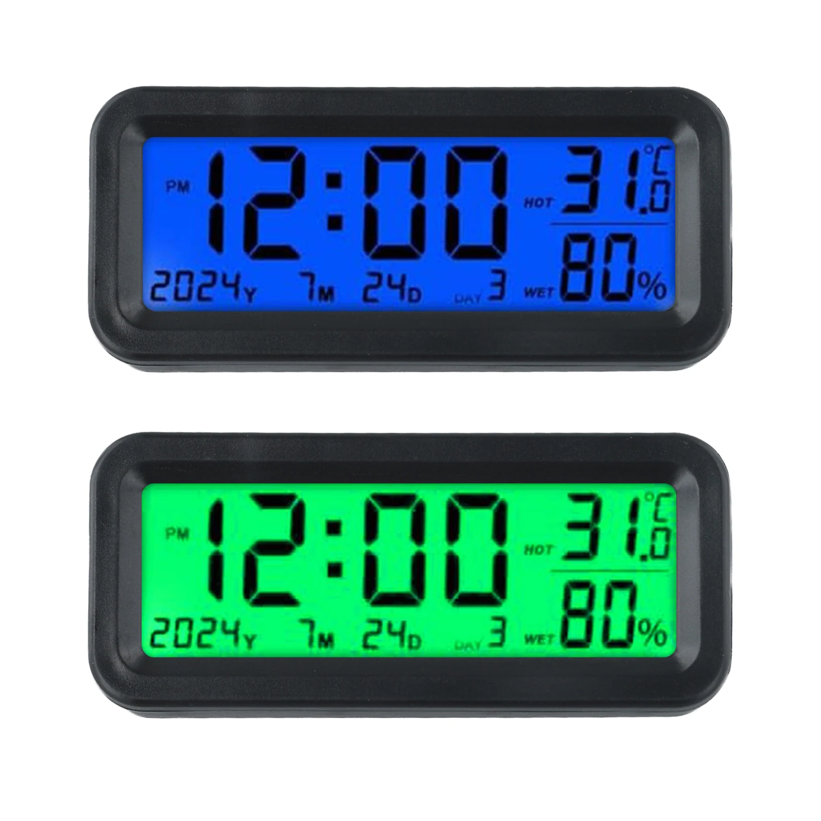 Solar Mini Digital Clock For Car Dashboard Display,Date,Temperature (Blue Green) High Precision LCD Digital Watch Car Accessorie
