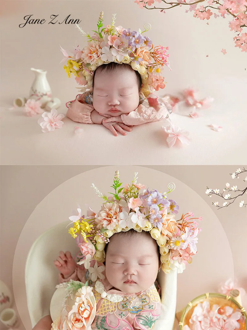 Newborn baby girl Garden bonnet pink clothes bow headband photo props