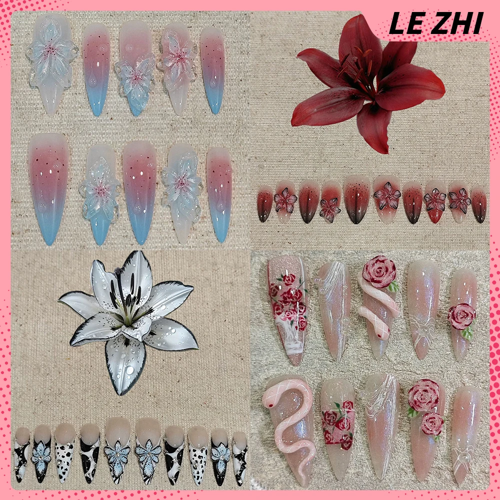 

10Pcs Long Stiletto Almond 3D Flower Handmade Press On Nails Spice Girl Gradients French Style Diamond Snake Design False Nail