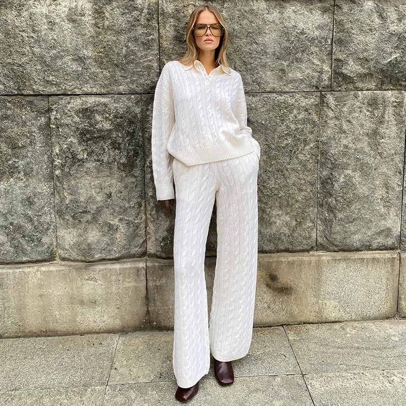 

TARUXY Leisure Twist Knitted Long Pants Set Female Solid Lapel Knit Loose POLO Shirt Wide-Leg Pants Women Suit Autumn Winter New