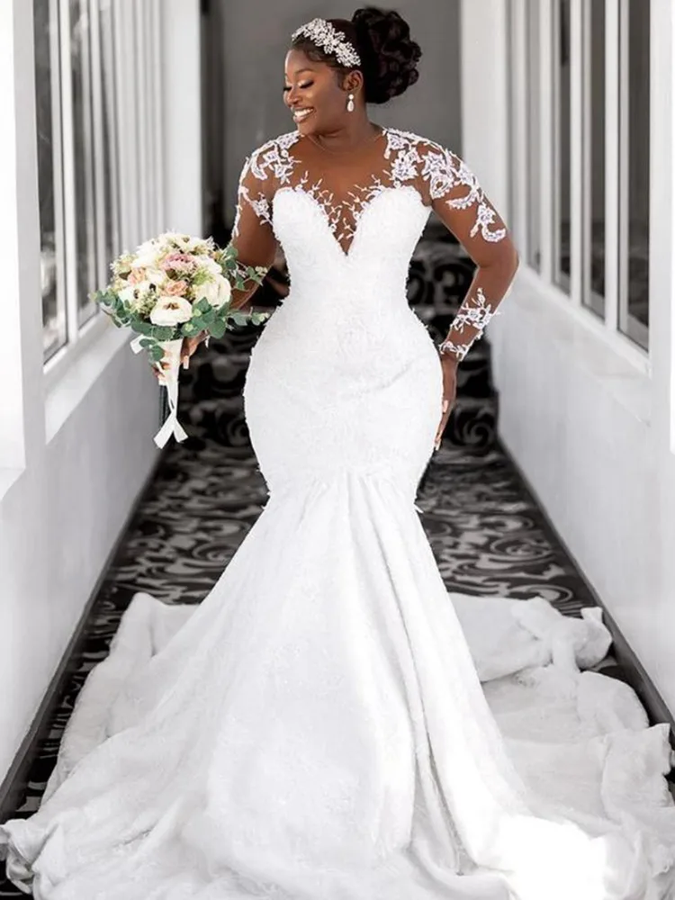 Abito da sposa a sirena con scollo a o trasparente di lusso per abiti da sposa con applicazioni da sposa a maniche lunghe africane Dubai