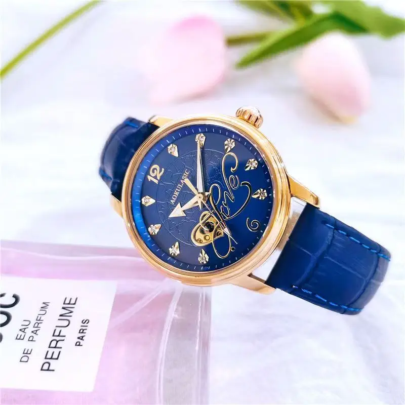 ساعة ميكانيكية أصلية أوتوماتيكية بالكامل للنساء، ساعة مضيئة مقاومة للماء، أنثوية، راقية، ساعة بسيطة على الطراز الكوري الجديد، أفضل هدية لصديقتك، لا تتطلب بطارية