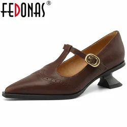 FEDONAS Retro Women Genuine Leather Pumps Sexy Pointed Toe T-strap Office Pumps 2024 New Women Spring Autumn Pumps Shoes