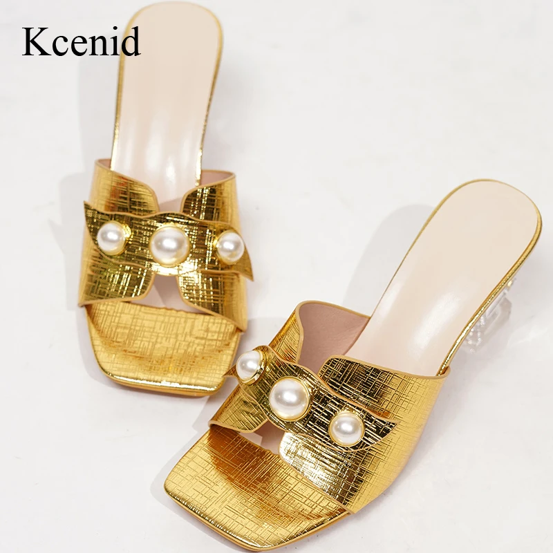 Kcenid Summer New Design Pearl Female Party Slide Shoes Sandals Elegant High Heels Sexy Slippers Square Toe Dress Wedding Shoes