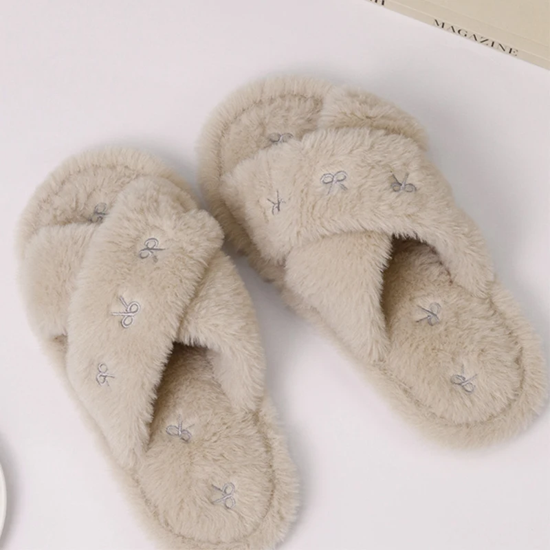 Bowknot Embroidery Plush Slippers Women Fashion Cross Strap Indoor Cotton Slides Woman Flat Heel Home Furry Slippers Mujer
