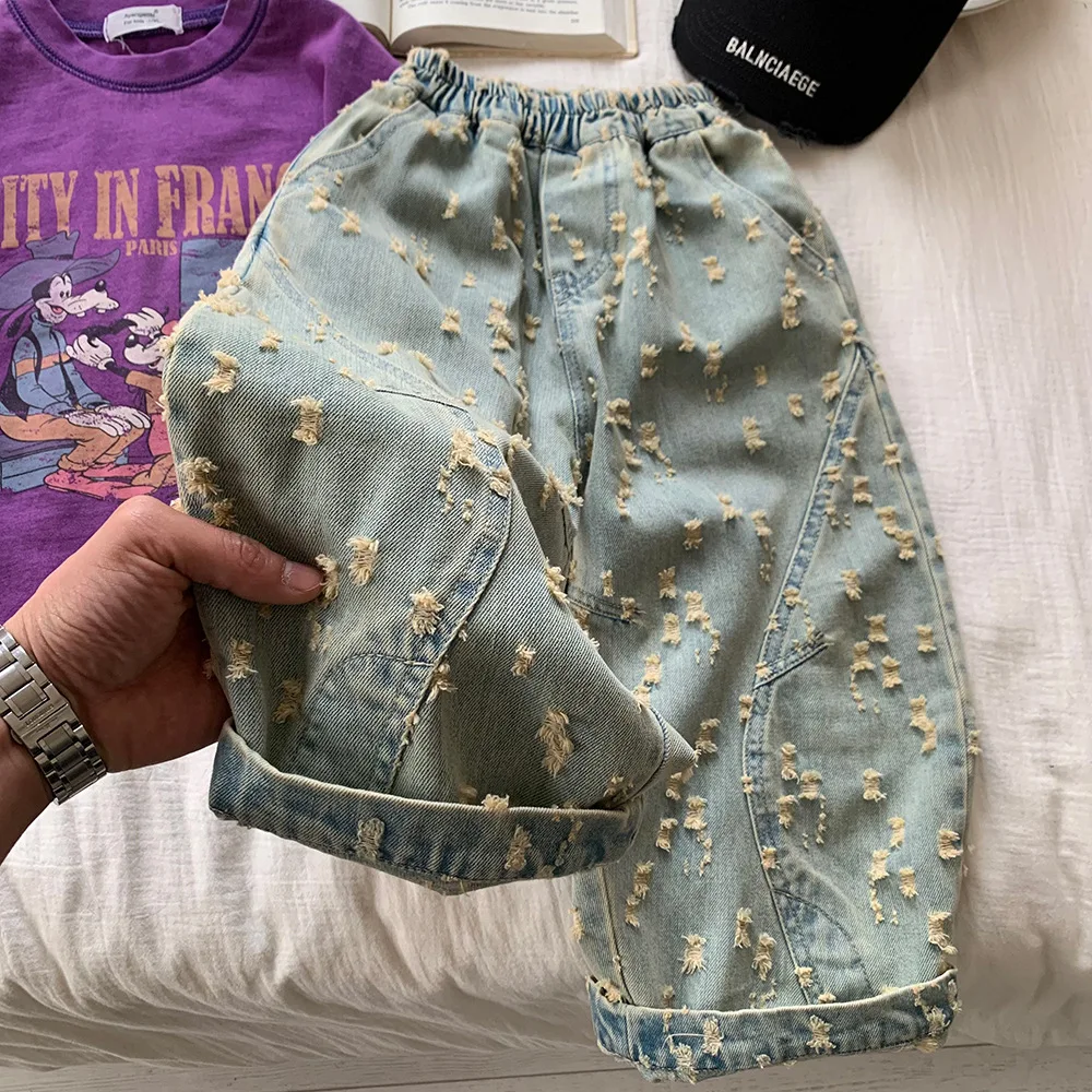 بنطلون جينز فضفاض بتصميم متعثر للأولاد والأطفال، شخصية عصرية ومريحة، كاجوال كورية متطابقة تمامًا